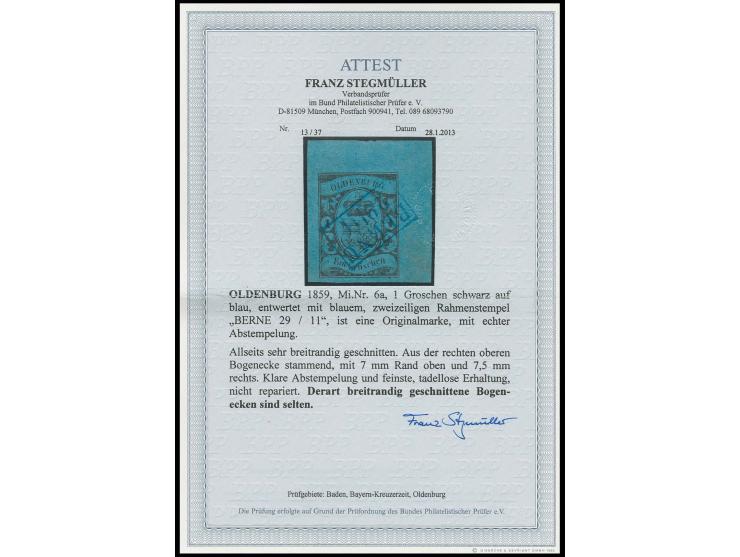 1859, 1 Gr. auf blau, allseits breit- bis überrandige rechte obere Bogenecke mit 7/7,5 mm-Bogenrand, sehr schön entwertet dur