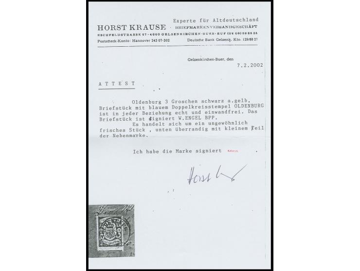 3 Gr. auf gelb, oben voll- sonst breit- bis überrandig und sehr schön farbfrisch mit blauem EKr. von Oldenburg auf Briefstück