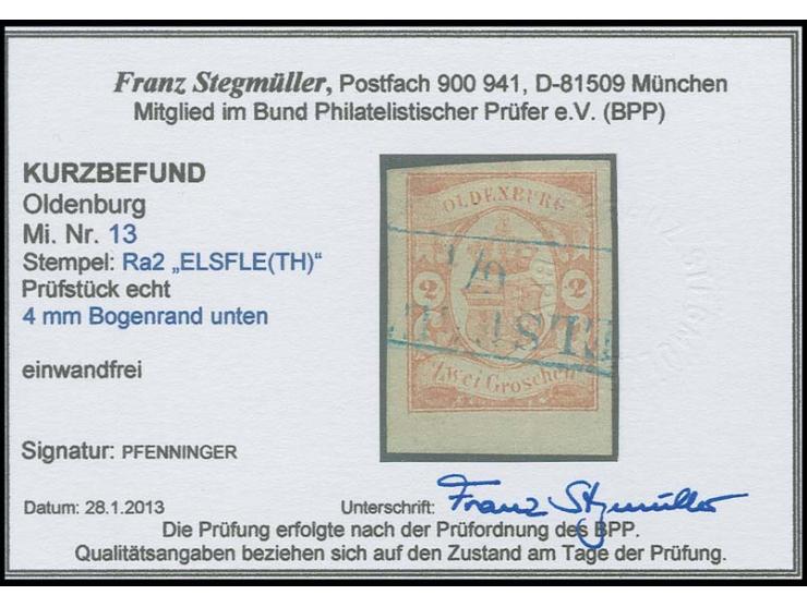 2 Gr. zinnober, allseits enrom breitrandig, unten mit 4 mm-Bogenrand, sauber entwertet durch Ra. 2 von "ELSFLETH", Ausnahmest