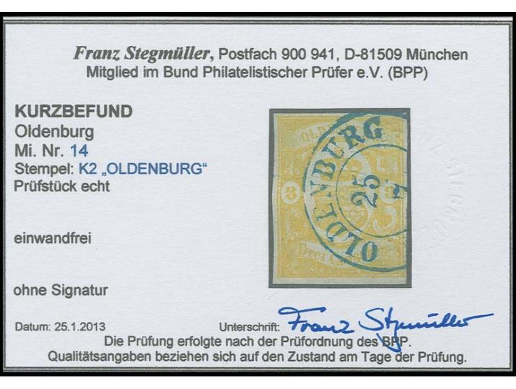 3 Gr. graugelb, sehr schön farbfrisch und voll- bis meist breitrandig, sauber entwertet durch blauen DKr. "OLDENBURG 25 7", P