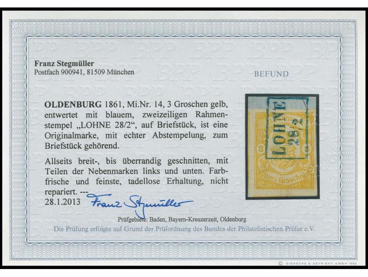 3 Gr. gelb, allseits breit- bis überrandig mit Teilen der Nachbarmarken unten und links, mit voll- und sauber aufgesetztem bl