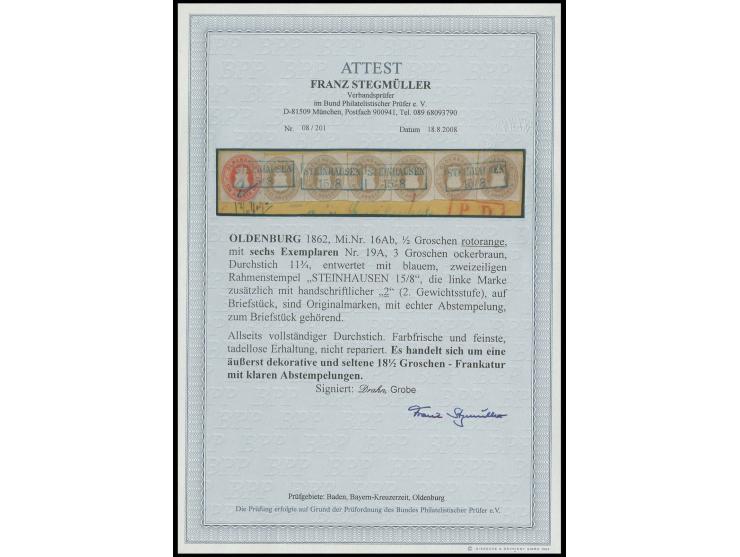 3 Gr. ockerbraun, 6 Einzelwerte zusammen mit ½ Gr. rotorange, paarweise entwertet durch klar aufgesetzten blauen Ra2 "STEINHA