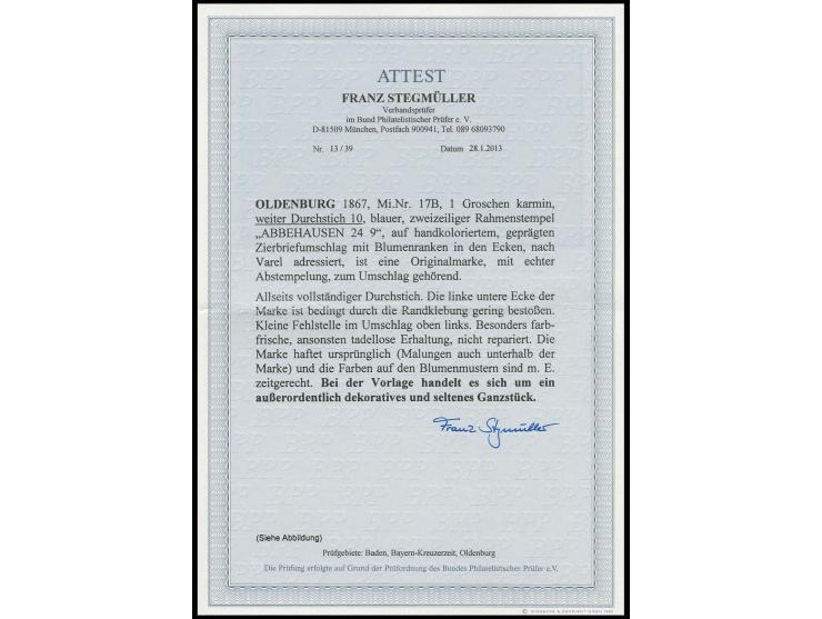 1 Gr. karmin, farbfrisch und einwandfrei durchstochen mit sauberem blauem Ra.2 "ABBEHAUSEN 24 9" auf kleinem geprägten und co