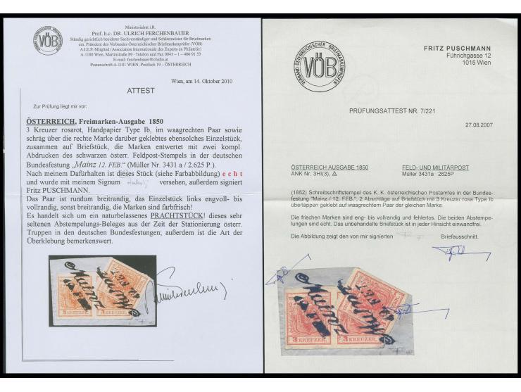 "Mainz 12 FEB.", 2 saubere Abschläge auf 1850, 3 Kr. rosarot, Type Ib im waagerechten Paar und schräg über die rechte Marke g