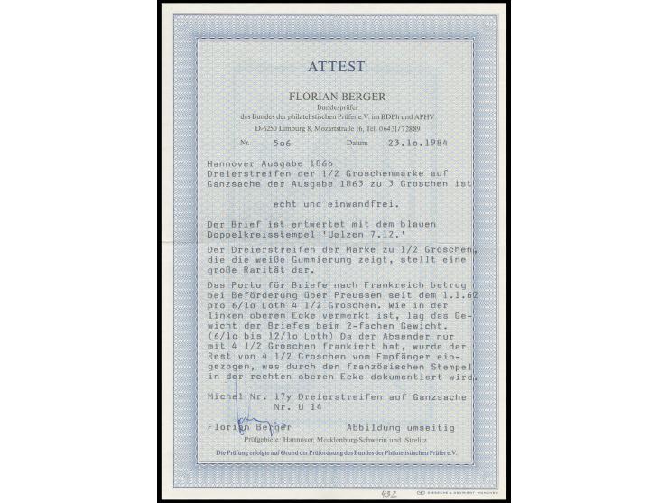 1860/62, ½ Groschen schwarz, weiße Gummierung, waagerechter 3er-Streifen, allseits breitrandig, leicht entwertet durch DKr. "