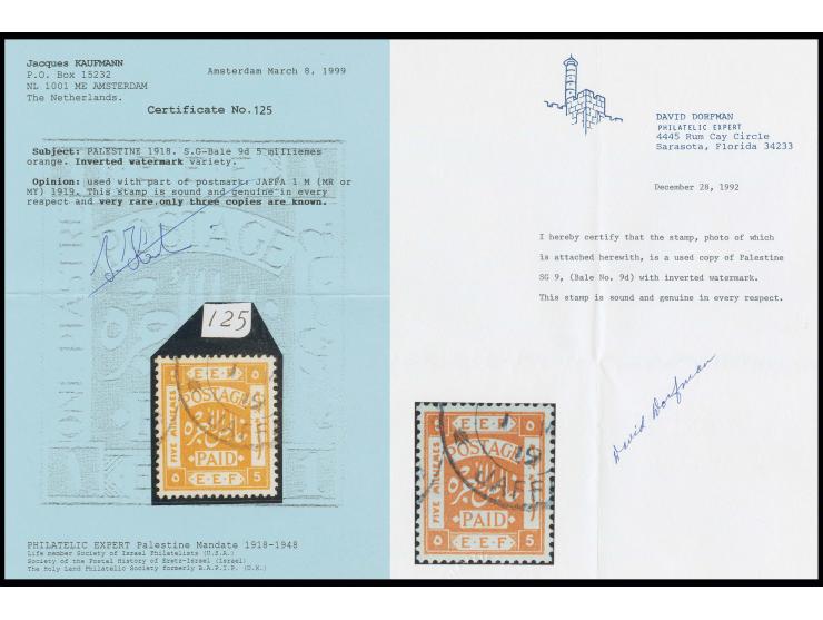 1918, typographed issue without overprint 5 m. with inverted watermark neatly cancelled "JAFFA 1 M... 19"; a very fine stamp 