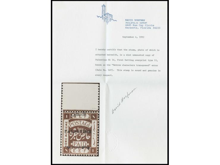 1 m. with "TRANSPOSED"-error, copy from the top sheet margin, unmounted mint, very fine, a rare stamp, certificate Dorfman (B