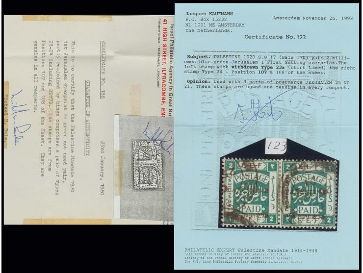 2 m., withdrawn type 23a (short Lamed), in horizontal pair with type 24, used with Jerusalem cds., fine and scarce, certifica