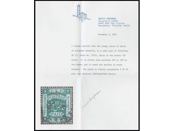 2 m. with "Z"-error, neatly cancelled by Jerusalem cds., fine, certificate Dorfman (Bale 17Z)