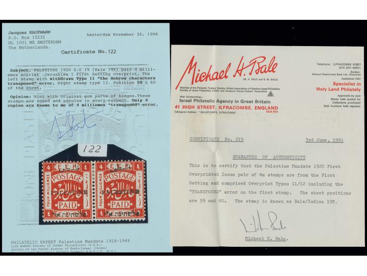 4 m. with 'TRANSPOSED'-error in horizontal pair with normal stamp, unused, fine, certificate Bale and Kaufmann (Bale 19T)
Pr