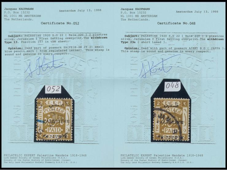 2 pia., withdrawn types 13 and 23a (short Lamed), used, fine, each certificate Kaufmann (Bale 22C, D)