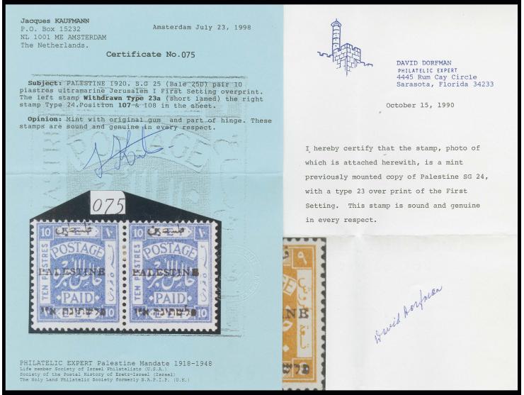 9 and 10 pia., each with withdrawn type 23, 10 pia. in horizontal pair with type 24, unused, fine, certificates Dorfman resp.