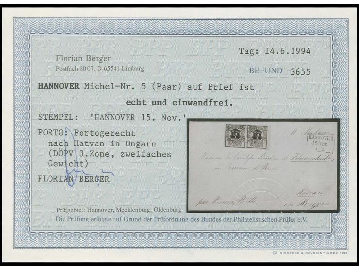 UNGARN: 1851/55, 1/10 Thaler auf gelb im waagerechten Paar, allseits breit- bis überrandig mit schmalem linken Bogenrand, mit