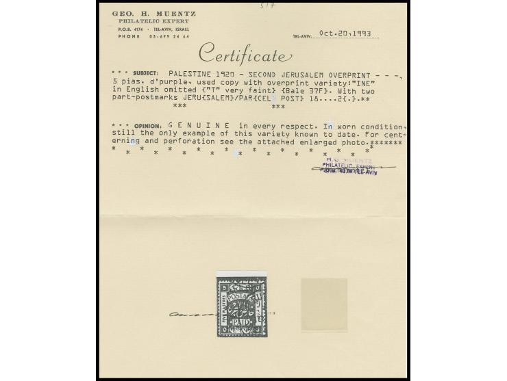5 pia. with right part of English overprint missing, used, fine, certificate Muentz stating that this is the only known used 