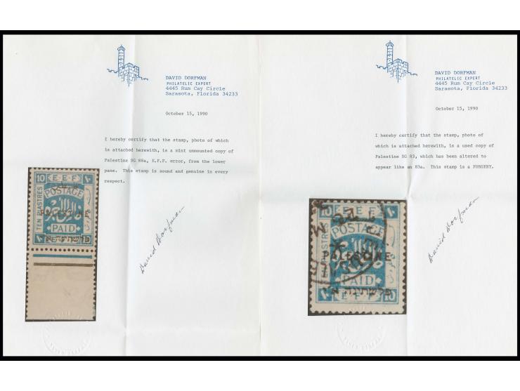 10 pia., perf. 15:14,  with "E.F.F." variety, unused and used, fine, each with certificate Dorfman (Bale 88a)