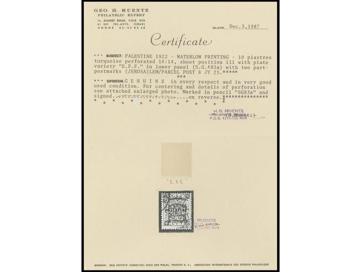 10 pia., perf. 14 with "E.F.F." variety, neatly cancelled, fine and scarce, certificate Muentz (Bale 83a)