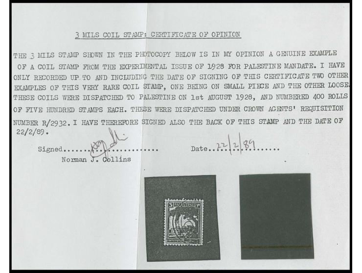 Coil stamps: 3 m. yellow-green, experimental coil stamp, lightly cancelled by Jerusalem cds., fine and very scarce, opinion C