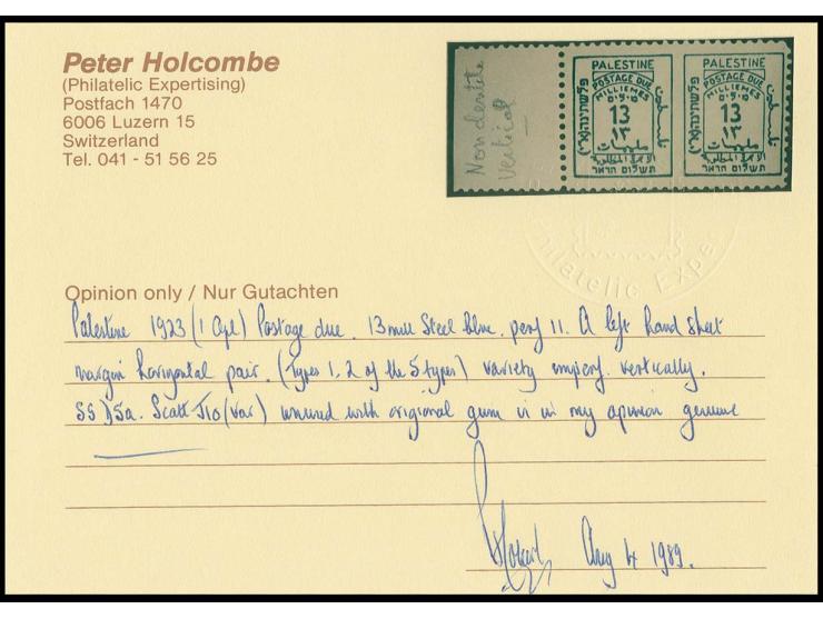 13 m. in horizontal pair, imperforated between, copy from the left sheet margin, unmounted mint, hinge mark in the margin onl