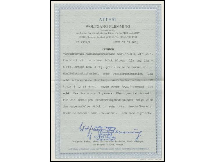 ALGERIEN: 1861/65, 3 Pfennige graulila und 6 Pfennige orange, beide einwandfrei durchstochen mit klarem DKr. "LYCK 6/12 65" a