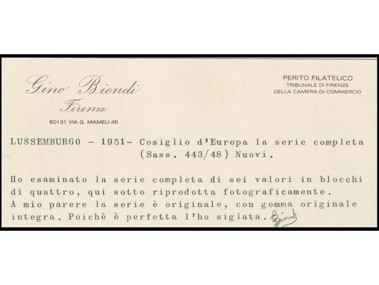 1951, 80 c.-4 fr. in corner blocks of four, unmounted mint, one 2 fr. small gum fault, certificate Biondi (Mi. 880,- +)
