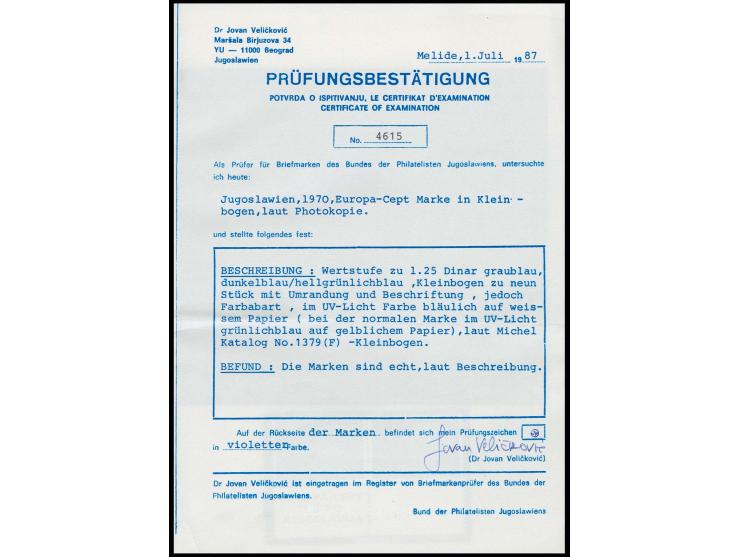 1,25 d., miniature sheet on white fluorescent paper, certificate Velickovic