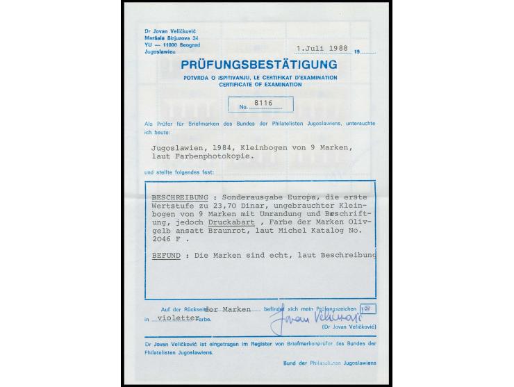 1984, 23,70 d. with background in yellow-oliv instead of  brownish-red, complete miniature sheet, unmounted mint, certificate