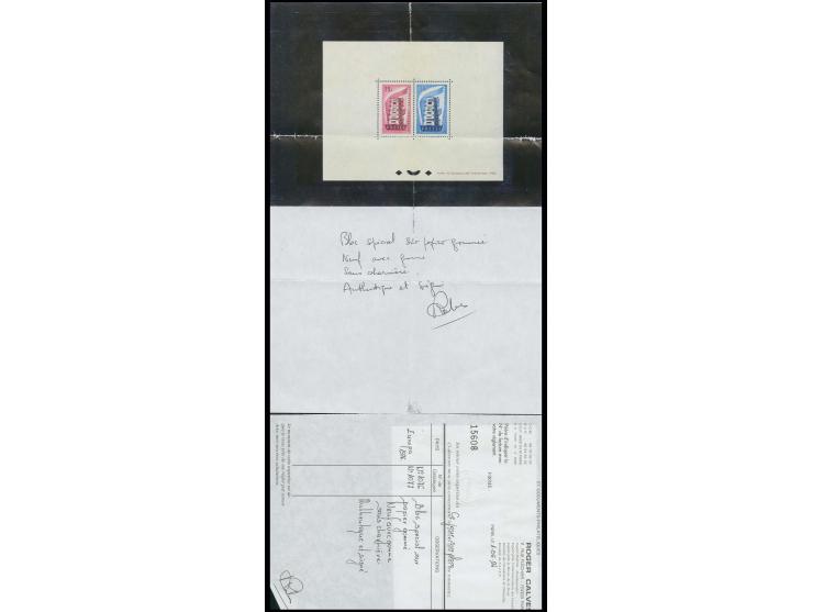 1956, timbres spéciaux 15 et 30 fr., bloc-feuillet gommé, tirage seulement 22 pièces, certificat  photo et signé Calves, neuf