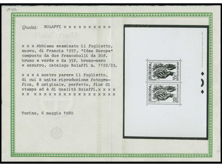 1957, timbres spéciaux 20 et 35 fr. bloc-feuillet gommé, tirage seulement 22 pièces, certificat photo Bolaffi, neuf sans char