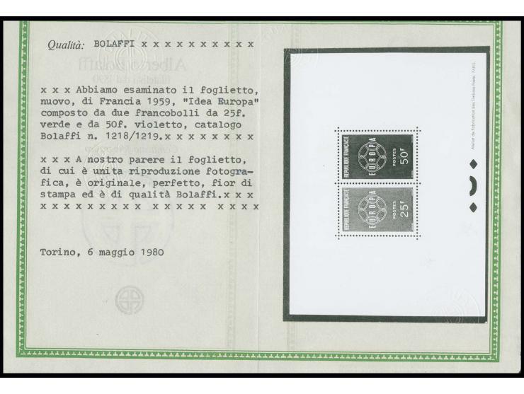 1959, timbres spéciaux 25 et 50 fr., bloc feuillet gommé, tirage seulement 20 pièces, signé et certificat photo Bolaffi, neuf
