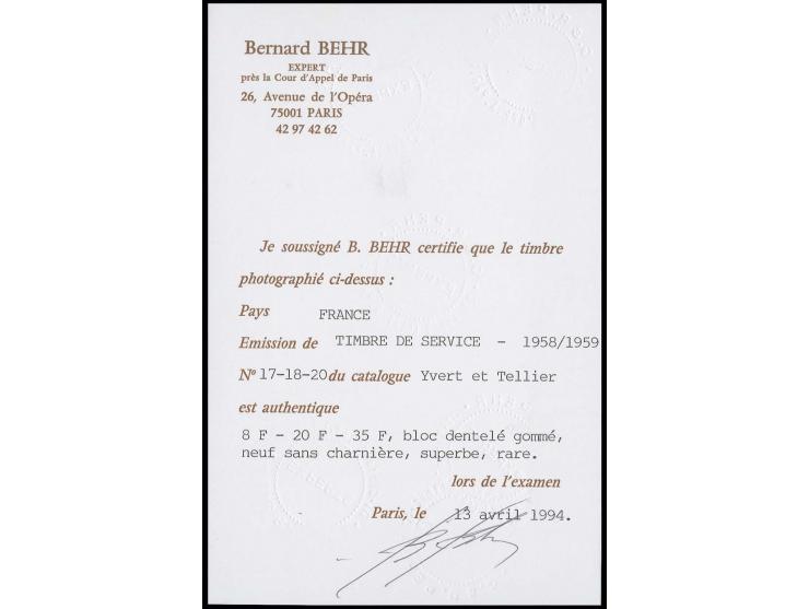 1958, drapeau 8, 20 et 35 fr., bloc-feuillet dentelé gommé, tirage seulement 20 exemplaires, certificat photo Behr, neuf sans