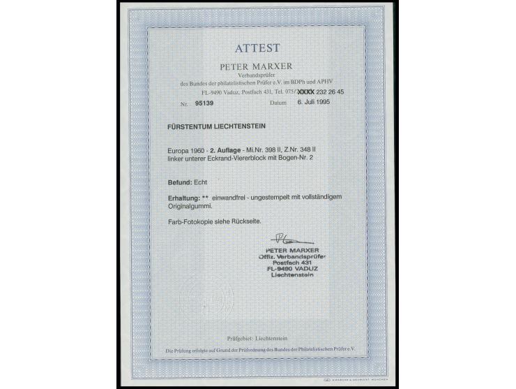 1960, Sondermarke 50 Rp., Type II (Nachauflage), postfrischer 4er-Block aus der linken unteren Bogenecke mit Bogen-Nr. "2", s