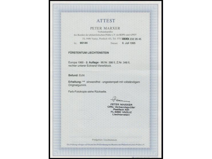 1960, Sondermarke 50 Rp., Type II (Nachauflage), postfrischer 4er-Block aus der rechten unteren Bogenecke, sehr selten, Fotoa