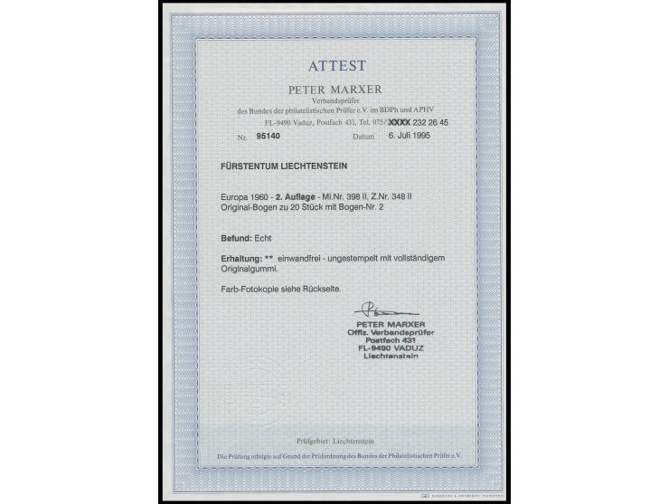 1960, Sondermarke 50 Rp., Type II (Nachauflage), kpl. postfrischer Kleinbogen zu 20 Marken, größte Seltenheit, es existieren 