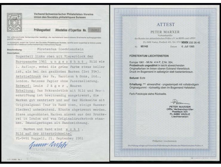 Sondermarke 50 Rp., ungezähnter Probedruck in leicht abweichenden Originalfarben im postfrischen 4er-Block aus der linken obe