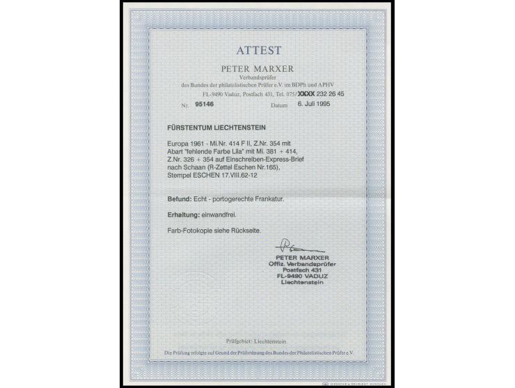 Sondermarke 50 Rp. mit fehlender Farbe hellgrauviolett mit Zusatzfrankatur auf portogerechtem Eilboten-R-Brief von "ESCHEN 17