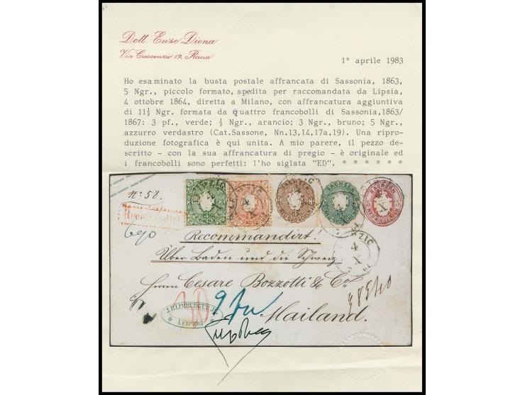 1863/67, Wappen 3 Pfennige grün, ½ Neugroschen orange, 3 Neugroschen braun und 5 Neugroschen graublau, alle farbfrisch und gu