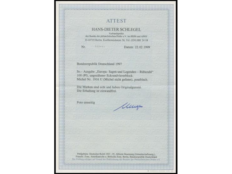 1997, Sagen und Legenden 100 Pfg. ungezähnt, postfrischer 4er-Block aus der linken oberen Bogenecke, Fotoattest Schlegel H.D.
