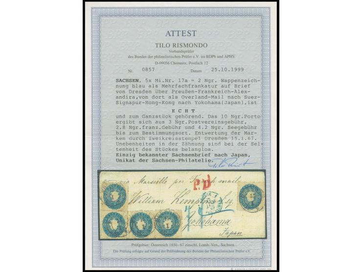 JAPAN: 1863/67, Wappen 2 Neugroschen blau, 5 Einzelwerte mit DKr. "DRESDEN 15 I 67" auf kleinem Briefkuvert über Frankreich u