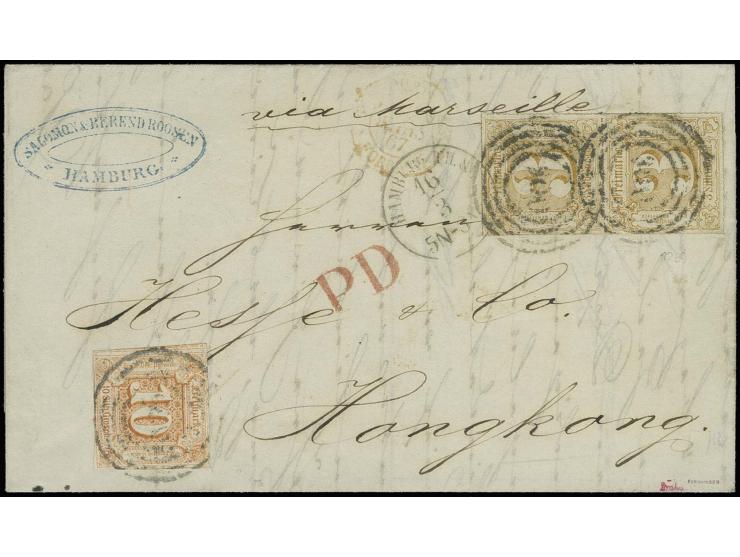 CHINA: 1859/61, 10 Silbergroschen orange, voll- bis überrandig mit senkrechtem Paar farbig durchstochen 3 Silbergroschen ocke