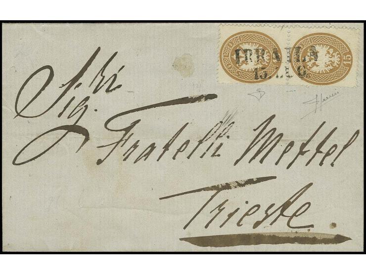 15 So. braun, senkrechtes Paar, mit L2 "IBRAILA 15 LUG" (1864) auf Brief nach Triest mit Transitstempel von Pesth und Ankunft