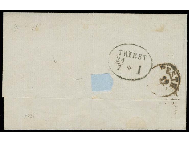 15 So. braun, senkrechtes Paar, mit L2 "IBRAILA 15 LUG" (1864) auf Brief nach Triest mit Transitstempel von Pesth und Ankunft