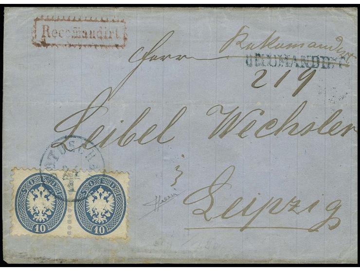 "BOTUSCHAN 23/1" (1869), blauer EKr. auf 10 So. blau (Paar) auf R-Brief nach Leipzig mit blauem L1 "RECOMANDIRT" und rotem sä
