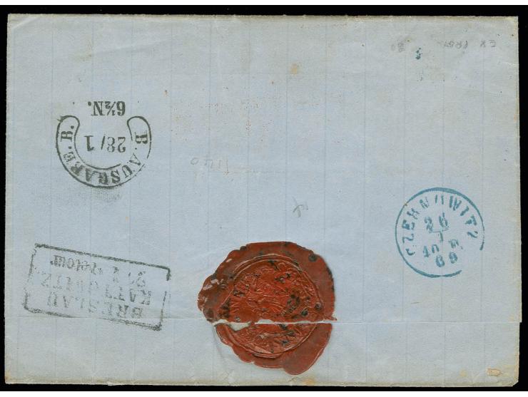 "BOTUSCHAN 23/1" (1869), blauer EKr. auf 10 So. blau (Paar) auf R-Brief nach Leipzig mit blauem L1 "RECOMANDIRT" und rotem sä