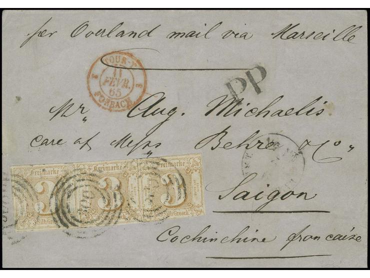 INDOCHINA: 1862/64, 3 Silbergroschen ockerbraun im waagerechten 3er-Streifen, der rechte Wert unten etwas angeschnitten, sons