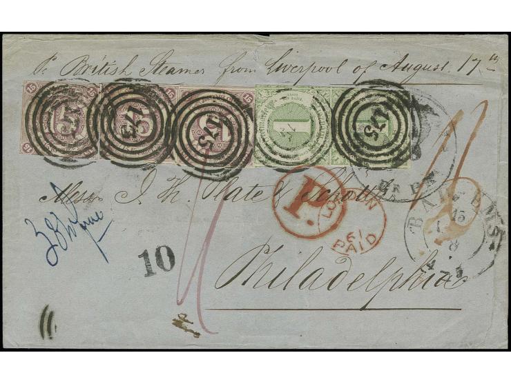 VEREINIGTE STAATEN: 1859/61, 15 Kreuzer braunpurpur, 3 Einzelwerte mit senkrechtem Paar 1 Kreuzer grün, mit Nummer "175" und 