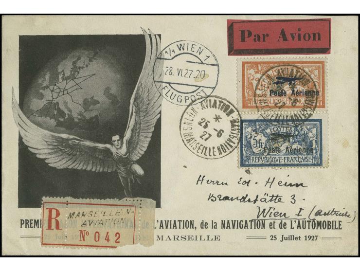 1927, poste aérienne Marseille 2 et 5 Fr. sur lettre premier jour illustrée pour Vienne avec cachet d'arrivée au recto. Très 