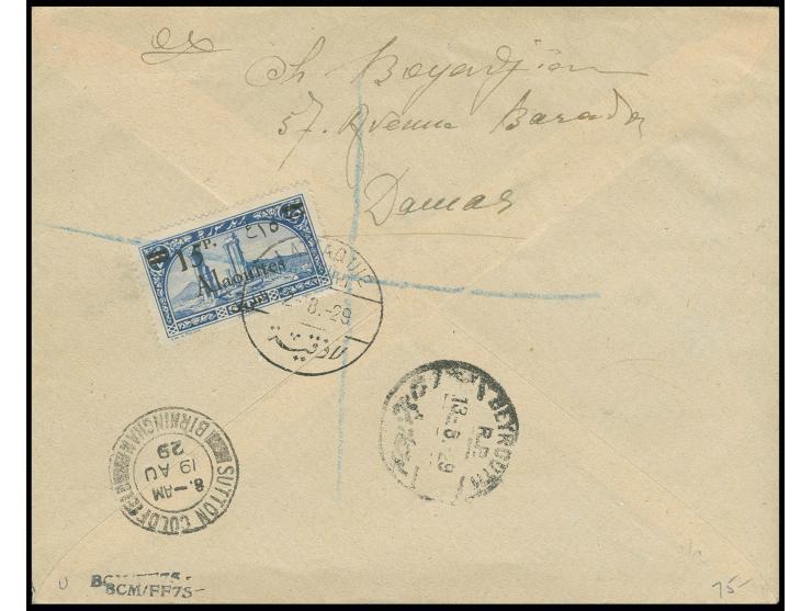 1929, poste aérienne 0.50-25 pia. oblit. "LATTAQUIR 12-8-29"au recto et verso d'une lettre recommandée pour Sutton
 
 
 
