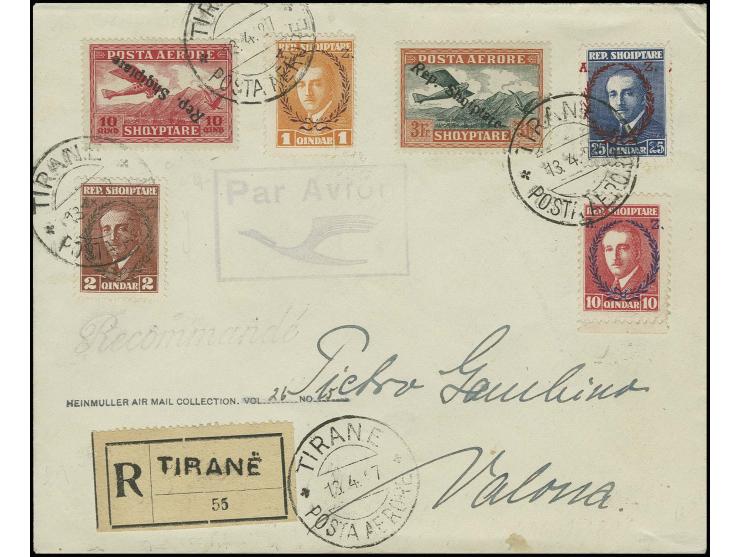 1927, Airmail 10 q. red with inverted overprint tied by cds. "TIRANE 13.4.27" to registered Airmail cover with additional fra