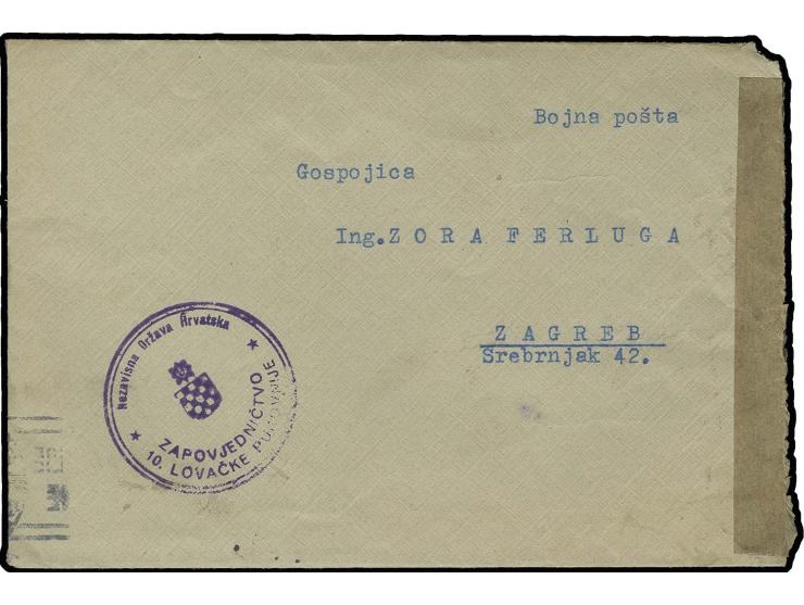FIELD POST: 1944, field post cover with letter (dated Donji Lapac 18.8) with cachet "..ZAPOVJEDNICTVO 10.LOVACKE..." to Zagre