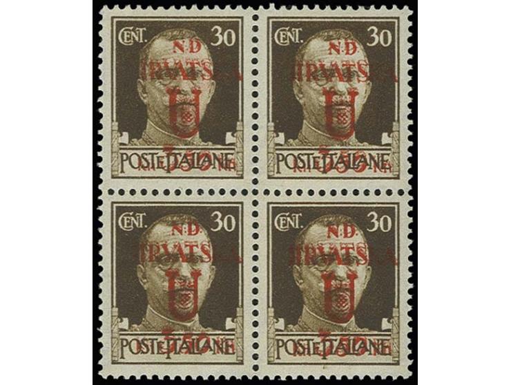 OCCUPATION DALMATIA: SPALATO: 1944, unissued 3.50 k. on 30 c. brown, block of four with double overprint, mint never hinged, 